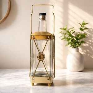 Vintage Swiss Harmony Musical Decanter Gold Tone Carrier 12.5" Mid Century